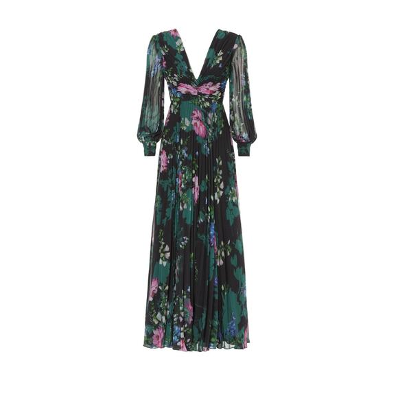 Badgley Mischka Black Floral Print Long Sleeve V-Neck Pleated Chiffon Gown 12 - Picture 5 of 16
